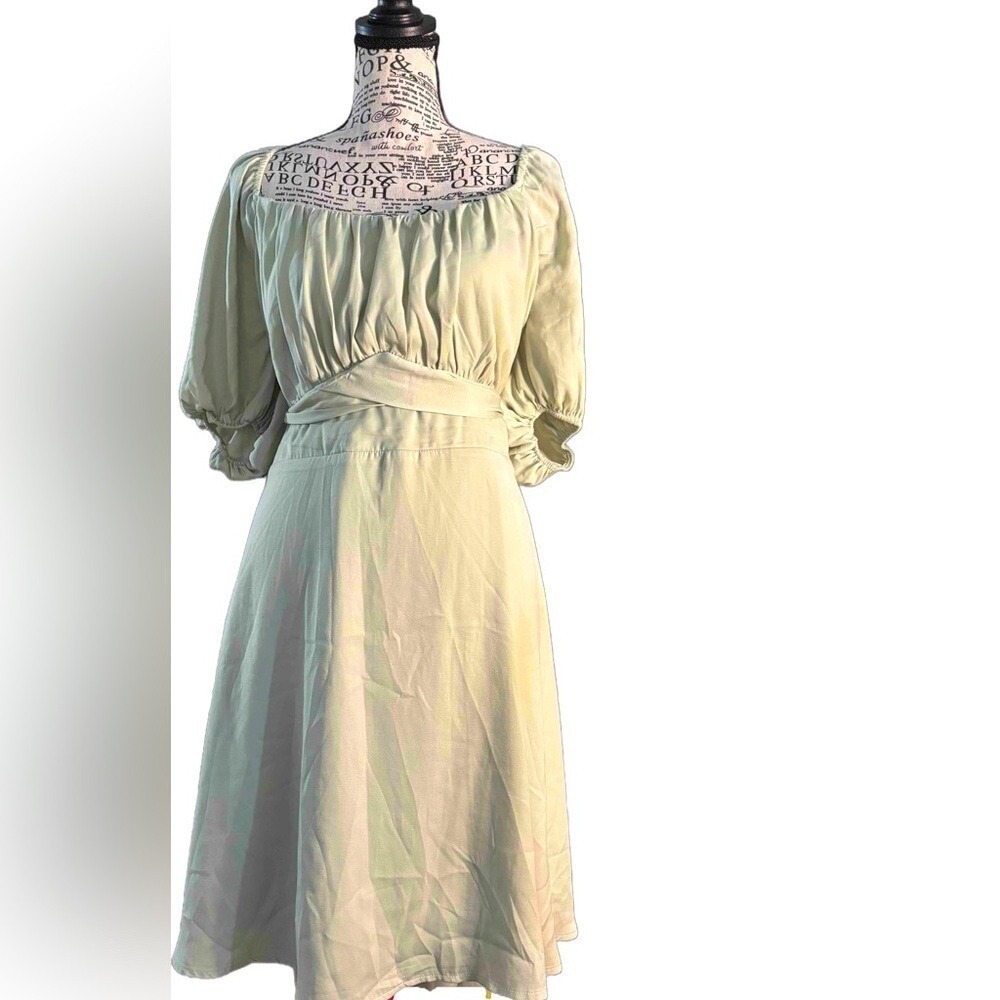 Sage Green Midi Dress Cottagecore Style Belted Square Neck Puff Sleeve